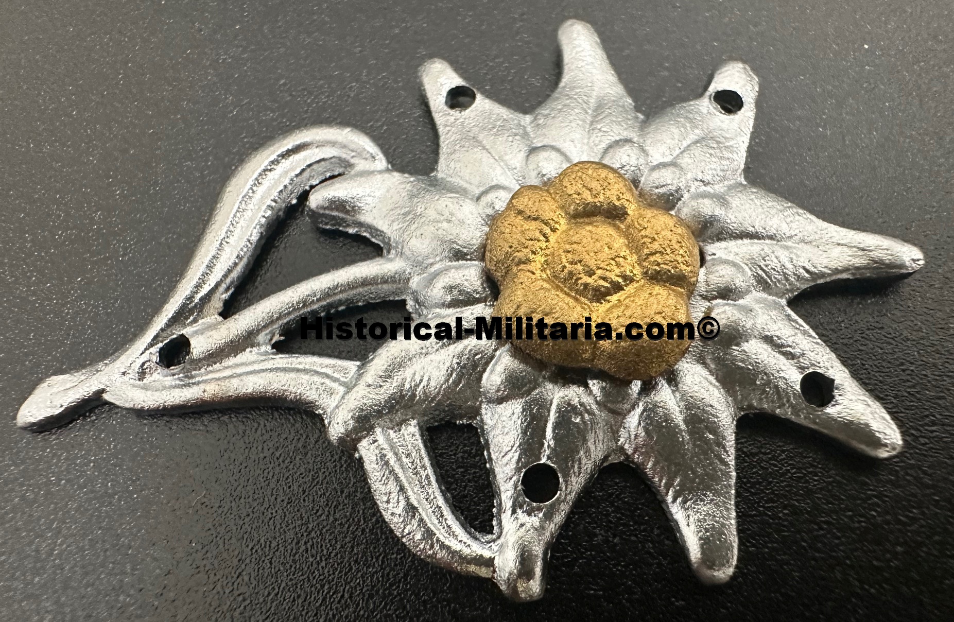 Wehrmacht Mountain Trooper's Cap Edelweiss for German Field Cap with 5 holes with 42 inprint - Mützenedelweiss silber Heer Jägertruppe - Edelweiss in metallo Bergmütze cacciatore di montagna della Heer Wehrmacht Mountain Trooper's Cap Edelweiss for German Field Cap with 5 holes with 42 inprint - Mützenedelweiss silber Heer Jägertruppe - Edelweiss in metallo Bergmütze cacciatore di montagna della Heer